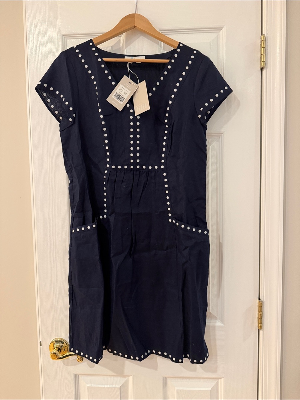 Boden Leandra Dress Navy Stud-Trim V-Neck Linen Dress - Picture 4 of 4